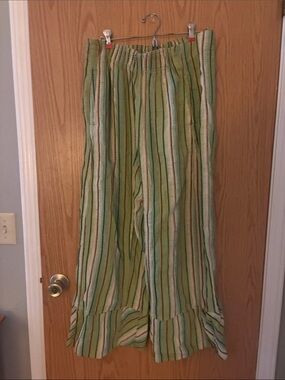 Free People Green Striped Elastic-Waist Wide-Leg Pants